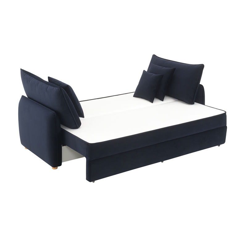 ACME Irina Velvet Fabric Upholstered Sofa with Sleeper and 3 Pillows in Blue