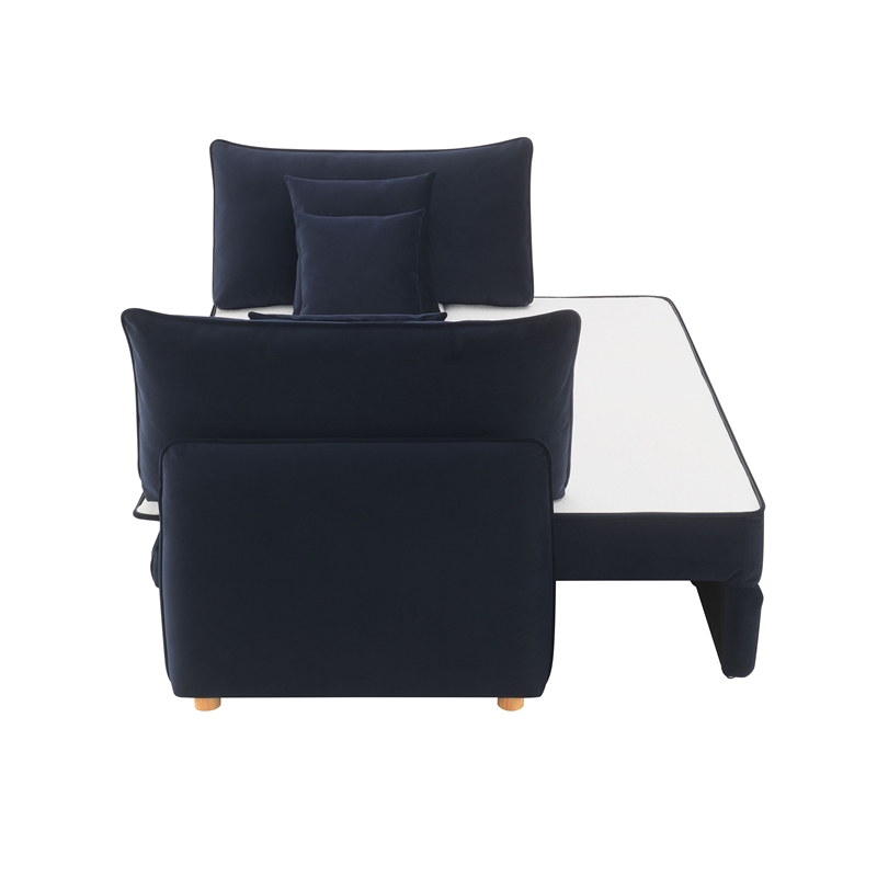 ACME Irina Velvet Fabric Upholstered Sofa with Sleeper and 3 Pillows in Blue