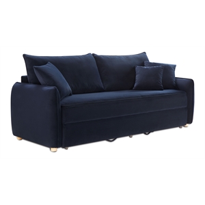 ACME Irina Velvet Fabric Upholstered Sofa with Sleeper and 3 Pillows in Blue