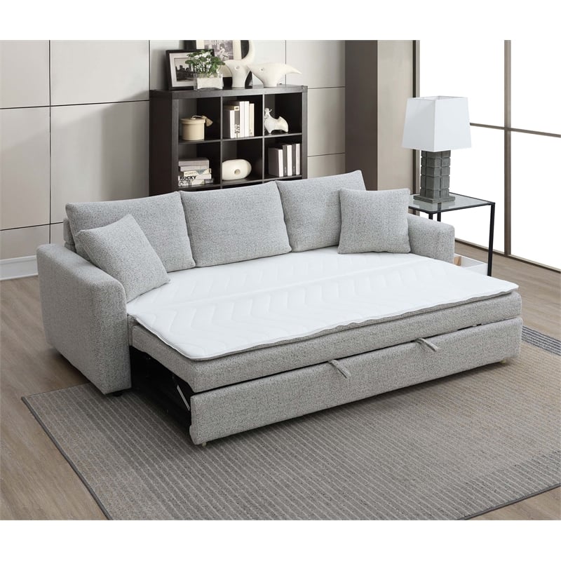 ACME Connie Fabric Upholstered Sofa with Sleeper and 2 Pillows in Beige