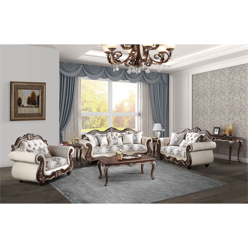 ACME Pierce Fabric Upholstered Tufted Sofa with 5 Pillows in Beige & Cherry