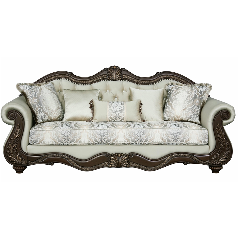 ACME Pierce Fabric Upholstered Tufted Sofa with 5 Pillows in Beige & Cherry