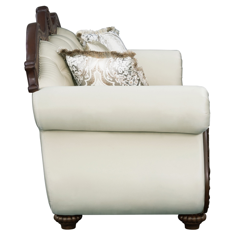 ACME Pierce Fabric Upholstered Tufted Sofa with 5 Pillows in Beige & Cherry