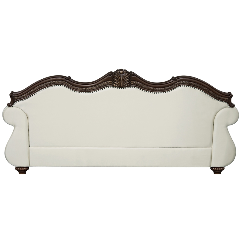 ACME Pierce Fabric Upholstered Tufted Sofa with 5 Pillows in Beige & Cherry