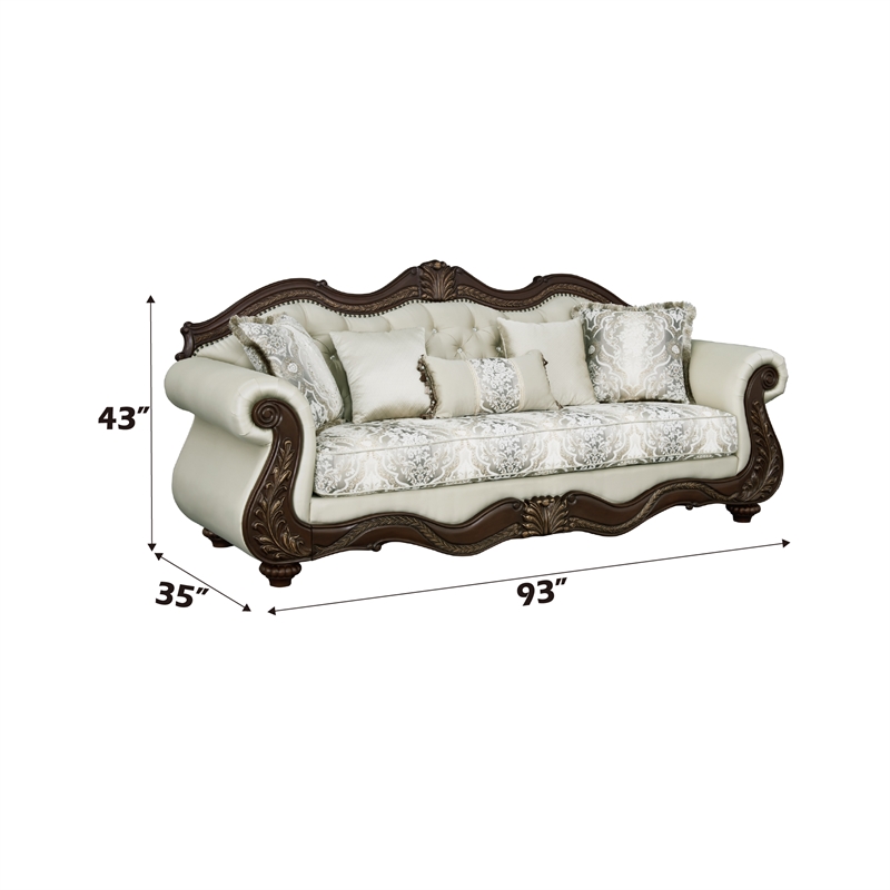 ACME Pierce Fabric Upholstered Tufted Sofa with 5 Pillows in Beige & Cherry