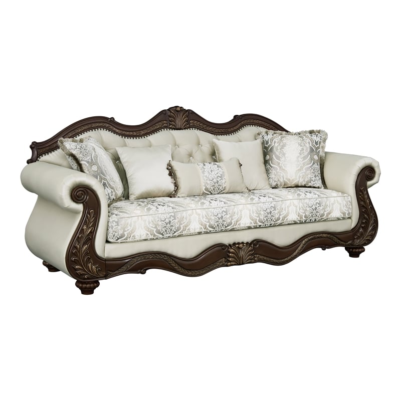 ACME Pierce Fabric Upholstered Tufted Sofa with 5 Pillows in Beige & Cherry