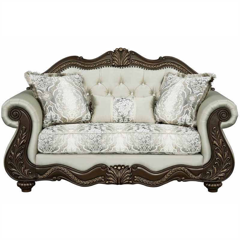 ACME Pierce Fabric Upholstered Armrest Loveseat with 3 Pillows in Beige & Cherry