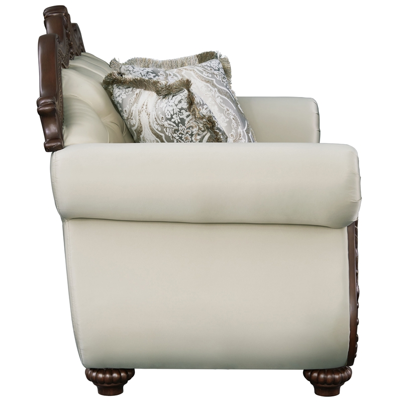 ACME Pierce Fabric Upholstered Armrest Loveseat with 3 Pillows in Beige & Cherry