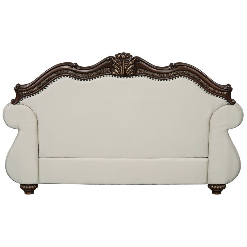 ACME Pierce Fabric Upholstered Armrest Loveseat with 3 Pillows in Beige & Cherry