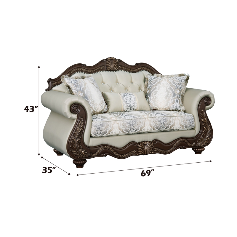 ACME Pierce Fabric Upholstered Armrest Loveseat with 3 Pillows in Beige & Cherry