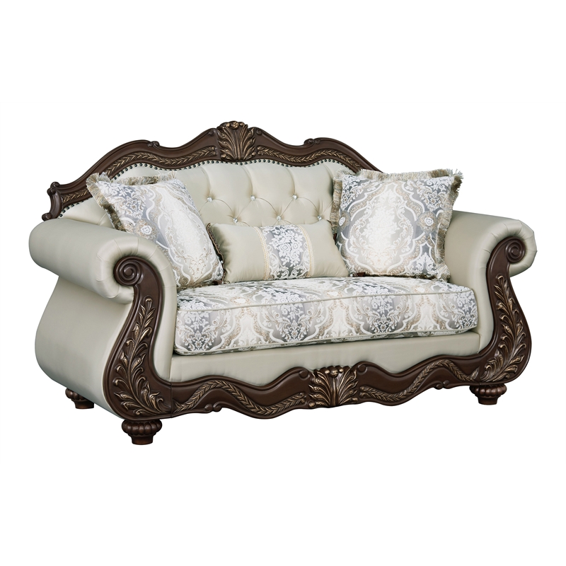 ACME Pierce Fabric Upholstered Armrest Loveseat with 3 Pillows in Beige & Cherry