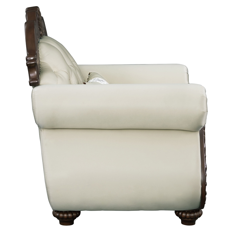 ACME Pierce Fabric Upholstered Armrest Chair with Pillow in Beige & Cherry