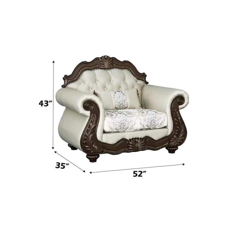 ACME Pierce Fabric Upholstered Armrest Chair with Pillow in Beige & Cherry