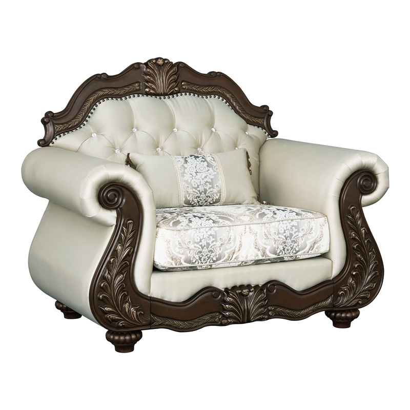 ACME Pierce Fabric Upholstered Armrest Chair with Pillow in Beige & Cherry