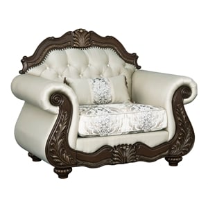 ACME Pierce Fabric Upholstered Armrest Chair with Pillow in Beige & Cherry