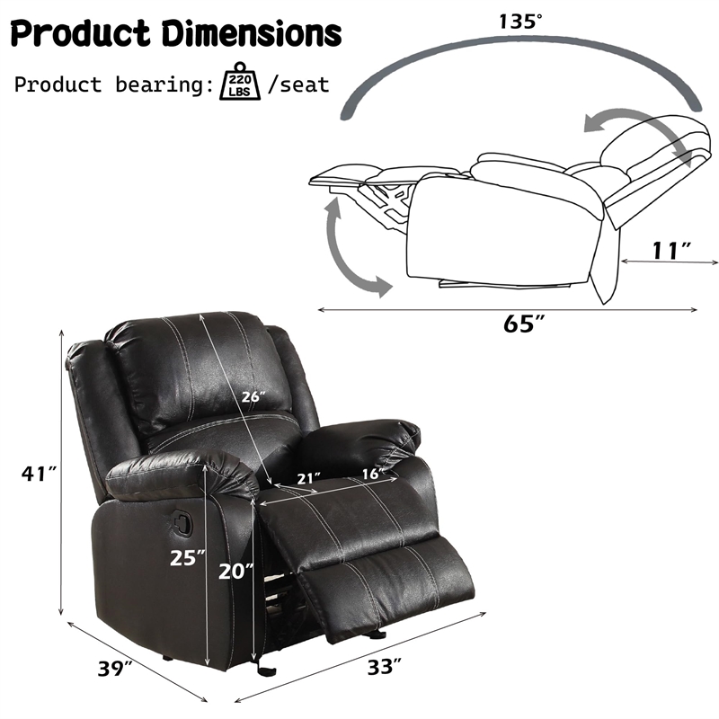 ACME Zuriel Motion Rocker Recliner in Black Synthetic Leather