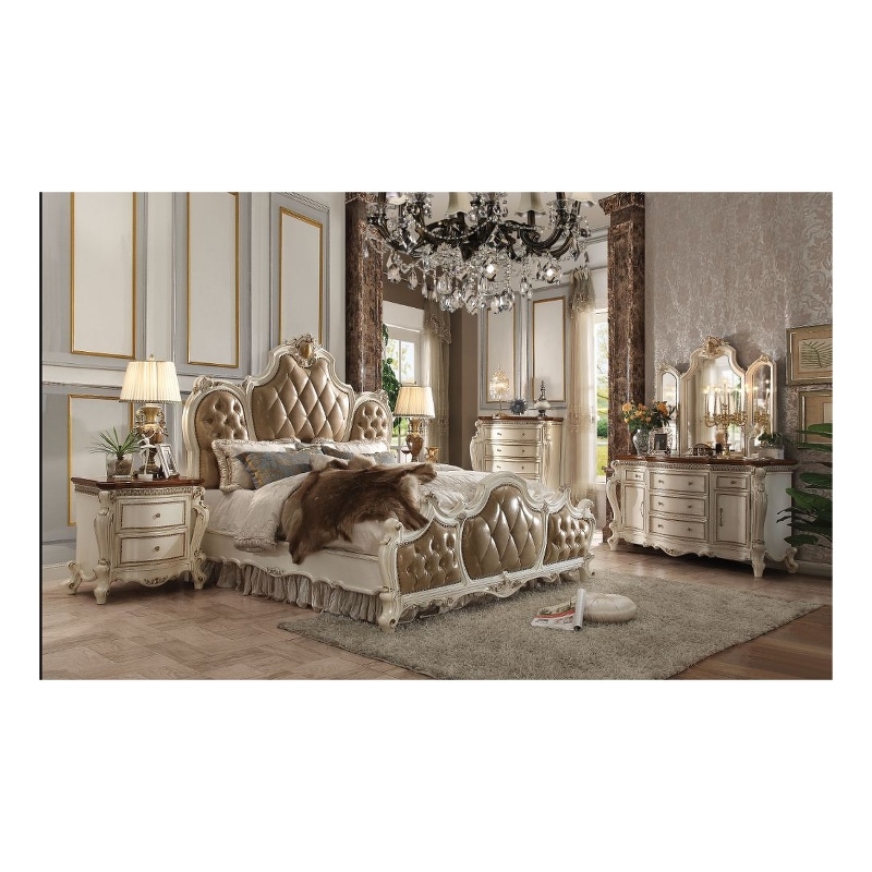 ACME Picardy CK Bed in Butterscotch Synthetic Leather & Antique Pearl