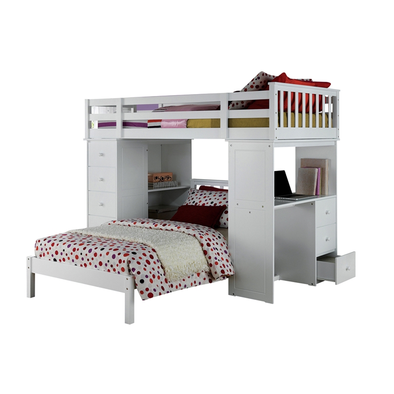 ACME Furniture Freya Wood Twin Loft Bed with Bookshelf Ladder in White