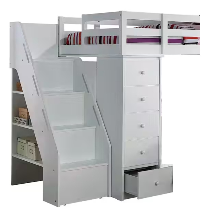 ACME Furniture Freya Wood Twin Loft Bed with Bookshelf Ladder in White