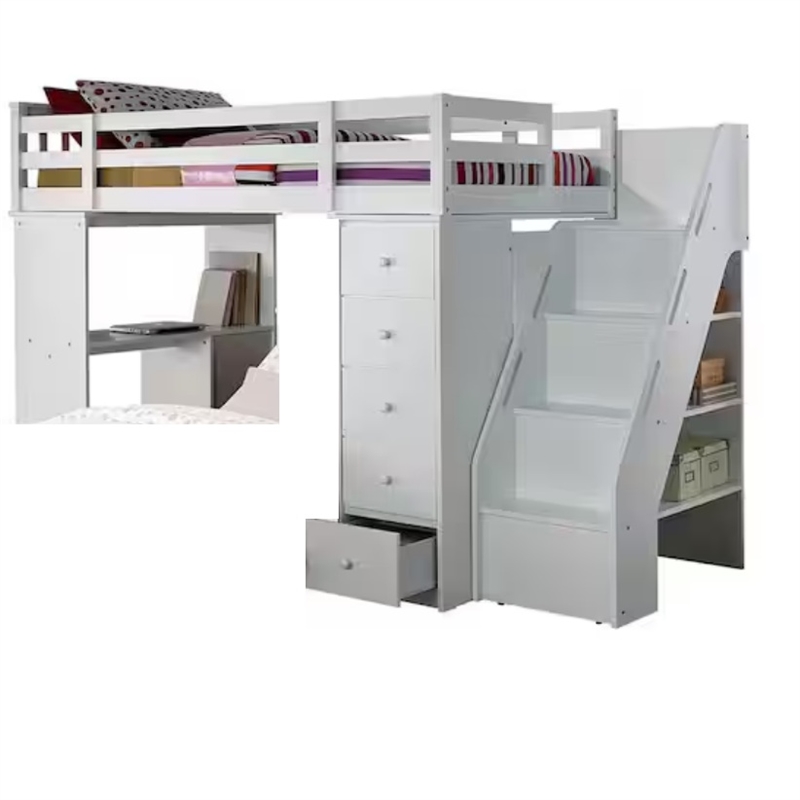 ACME Furniture Freya Wood Twin Loft Bed with Bookshelf Ladder in White