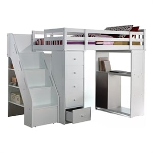ACME Furniture Freya Wood Twin Loft Bed with Bookshelf Ladder in White