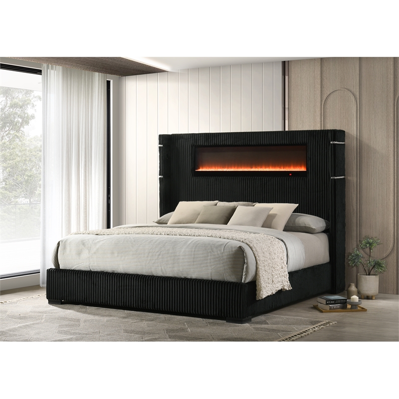 ACME Garner EK Bed with Fireplace in Black & Gray Corduroy