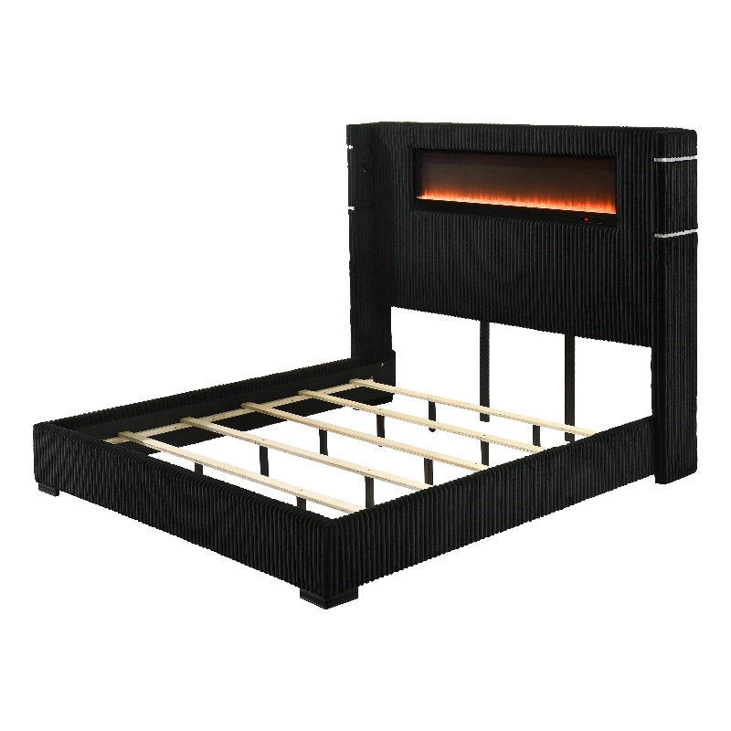 ACME Garner EK Bed with Fireplace in Black & Gray Corduroy