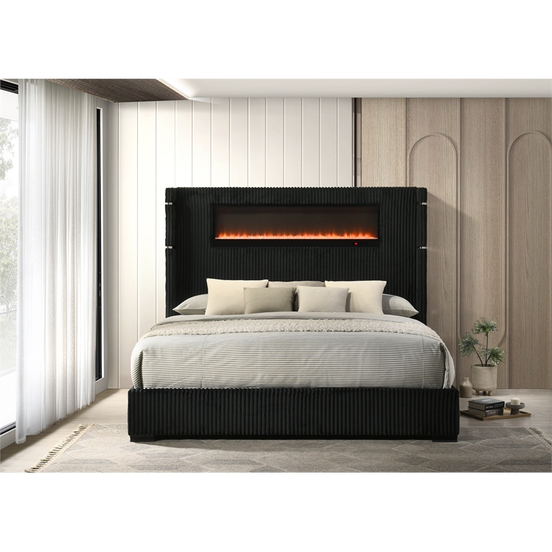 ACME Garner Queen Bed with Fireplace in Black & Gray Corduroy