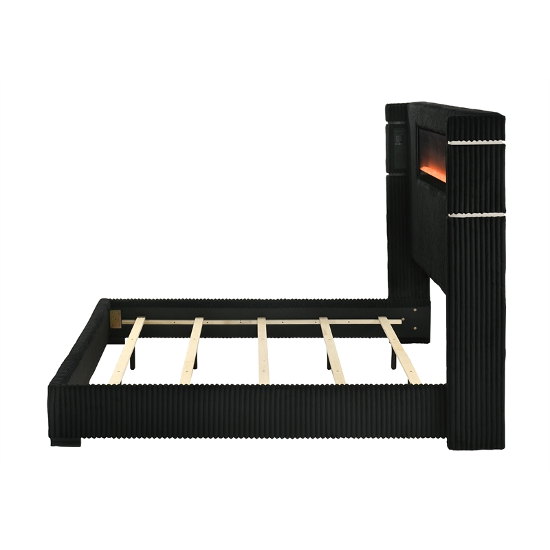 ACME Garner Queen Bed with Fireplace in Black & Gray Corduroy