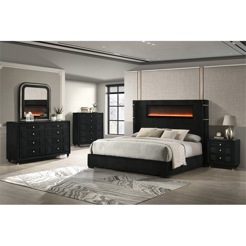 ACME Garner Queen Bed with Fireplace in Black & Gray Corduroy