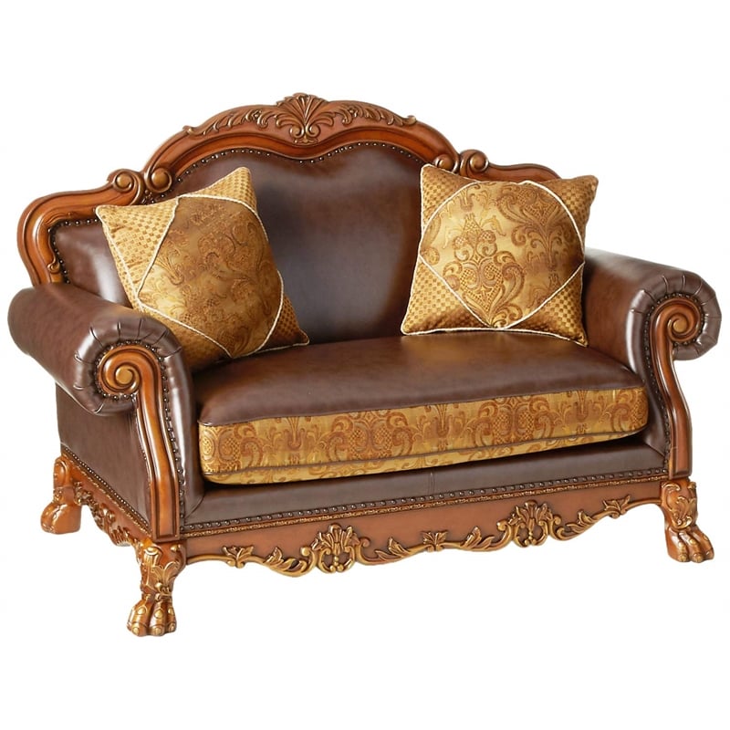 ACME Dresden Loveseat w/2 Pillows in Brown Synthetic Leather & in Cherry Oak
