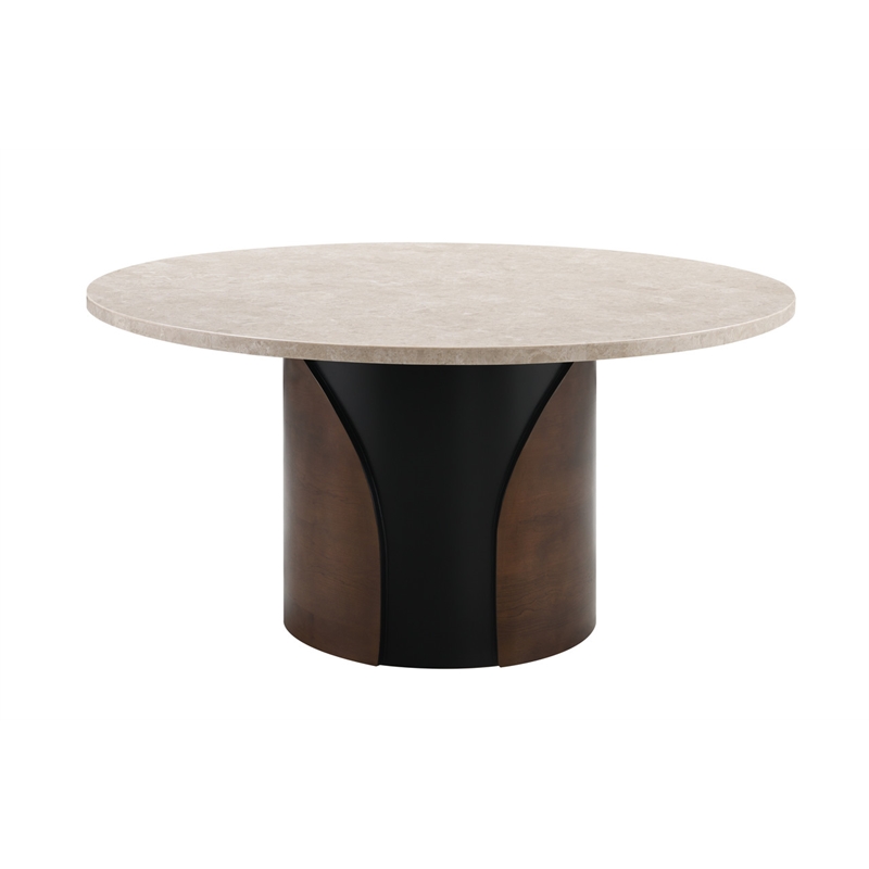ACME Rufina Round Dining Table with Marble Top in Natural Marble Top & Walnut