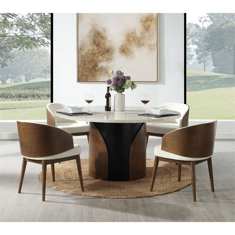 ACME Rufina Round Dining Table with Marble Top in Natural Marble Top & Walnut