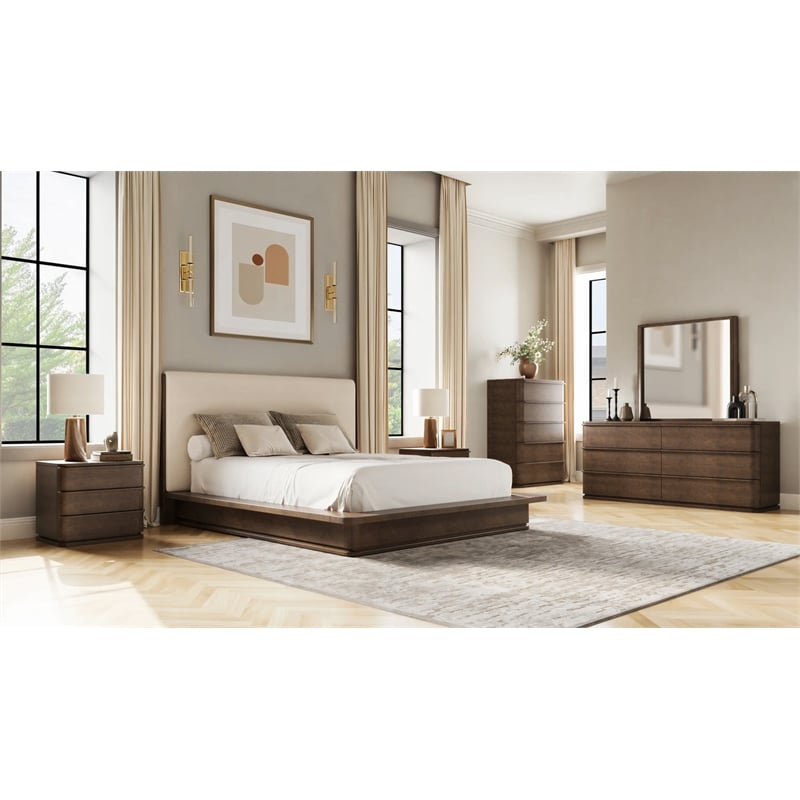 ACME Mikko Eastern King Bed in Cream Linen & Brown Oak