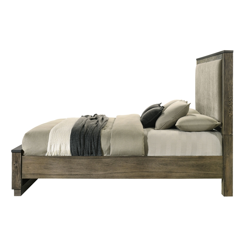 ACME Lance Queen Bed in Beige Linen & Distressed Oak