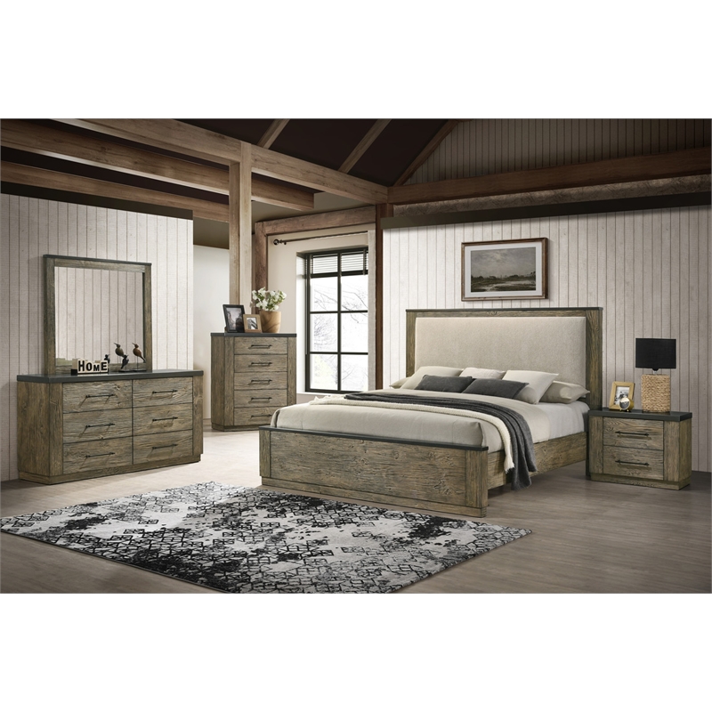 ACME Lance Queen Bed in Beige Linen & Distressed Oak