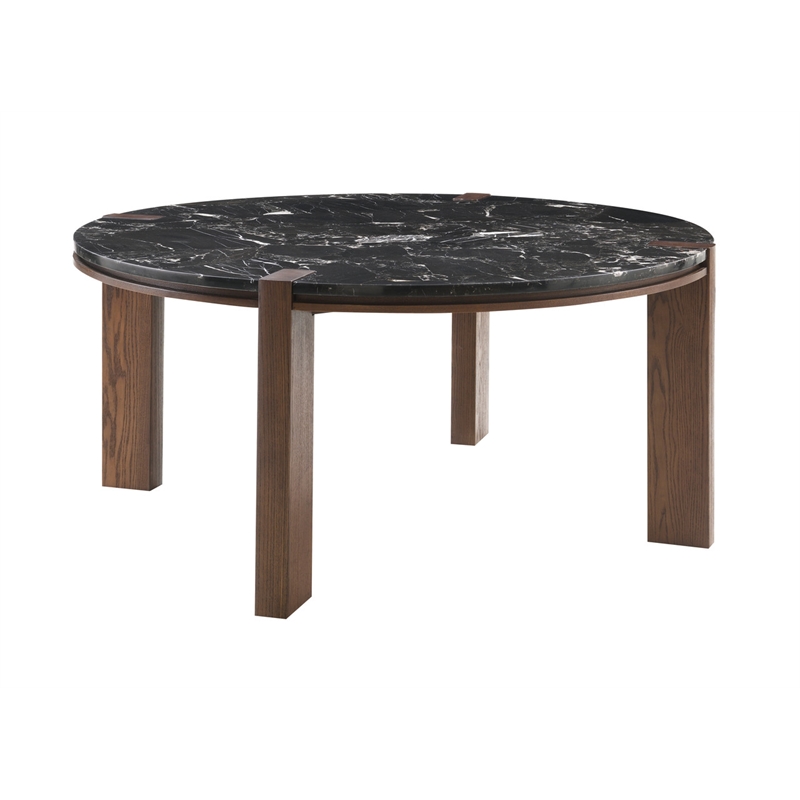 ACME Estella Round Dining Table in Black Natural Marble Top & Walnut