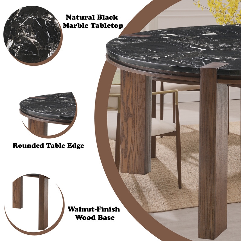 ACME Estella Round Dining Table in Black Natural Marble Top & Walnut