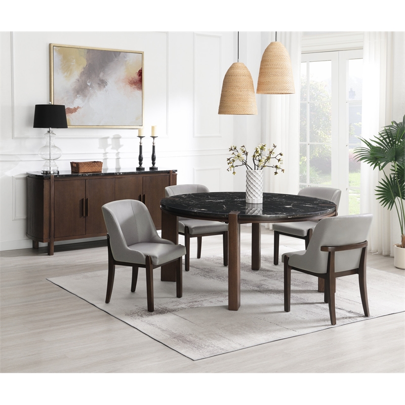 ACME Estella Round Dining Table in Black Natural Marble Top & Walnut