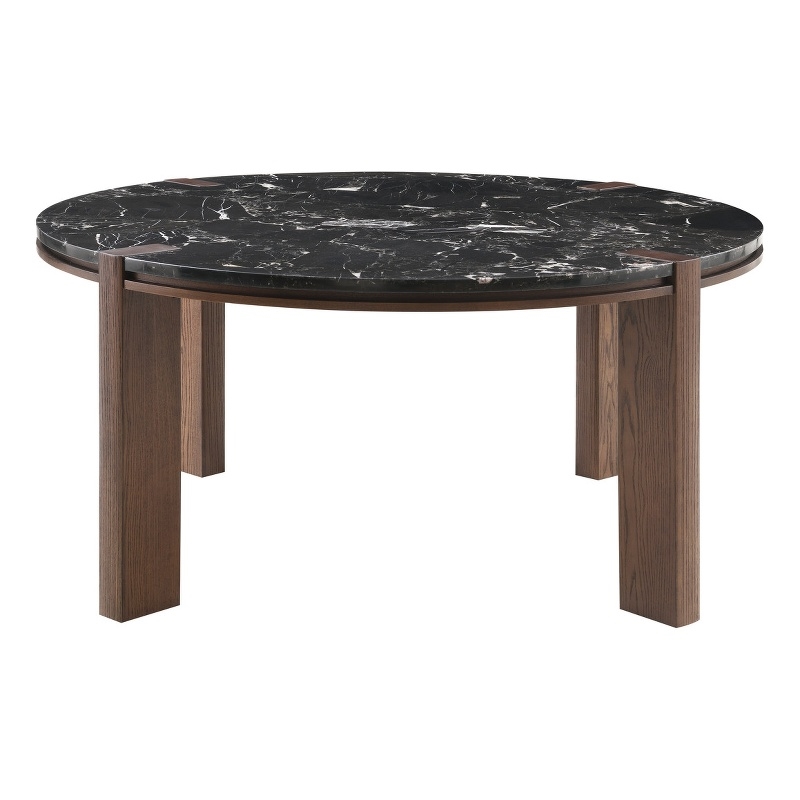 ACME Estella Round Dining Table in Black Natural Marble Top & Walnut