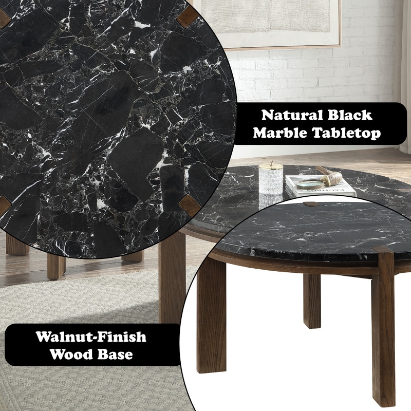 ACME Estella Coffee Table in Black Natural Marble Top & Walnut