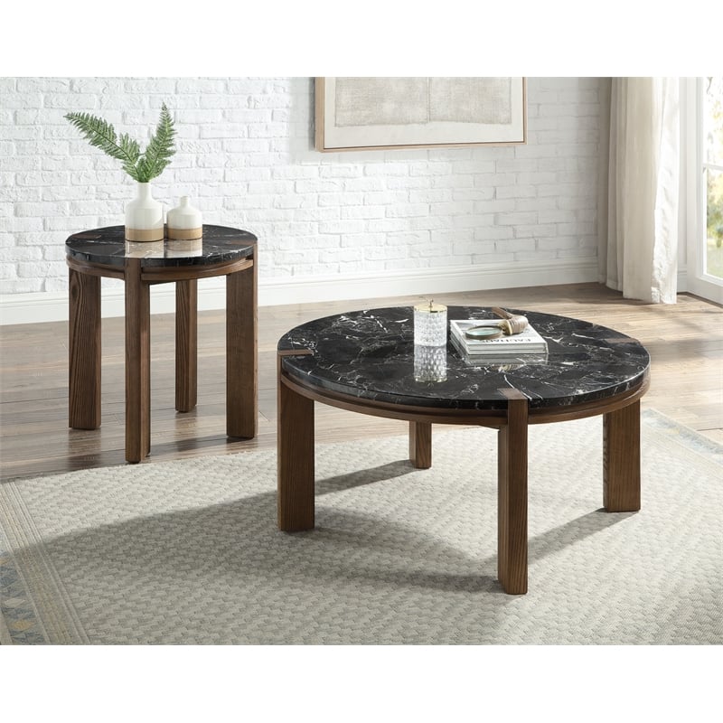 ACME Estella End Table in Black Natural Marble Top & Walnut