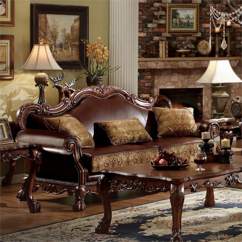 ACME Dresden Rolled Arm Upholstered Faux Leather Sofa with 3 Pillows in Brown