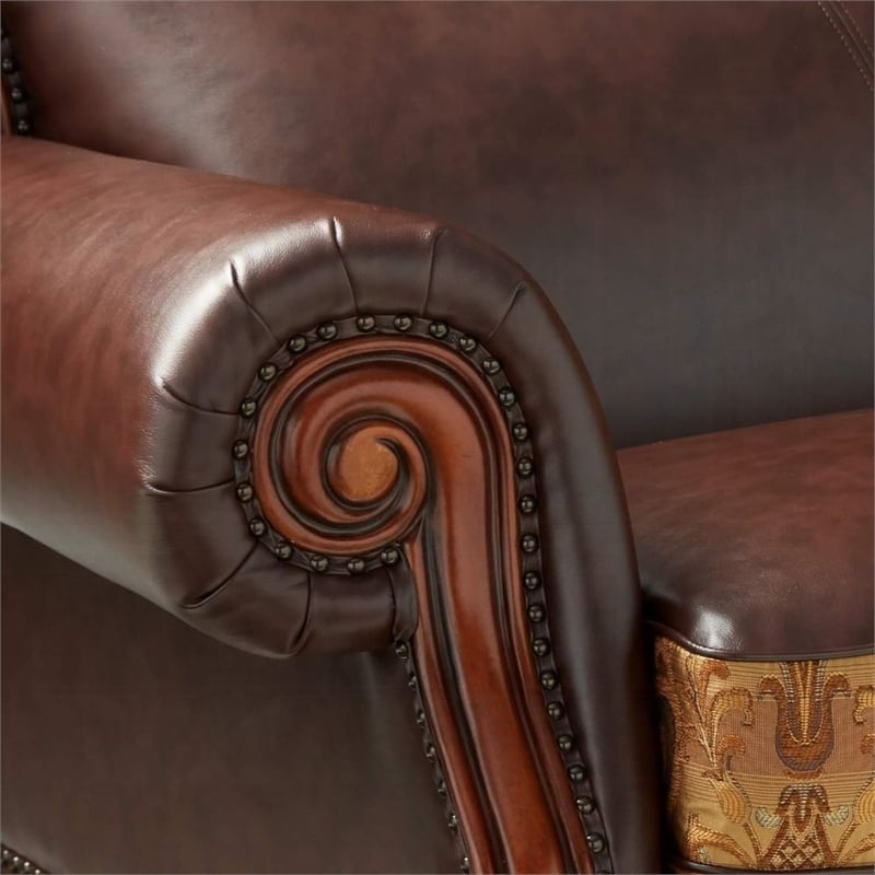 ACME Dresden Rolled Arm Upholstered Faux Leather Sofa with 3 Pillows in Brown