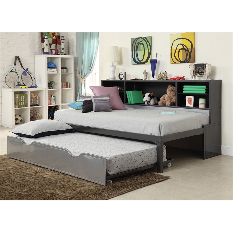 ACME Renell Metal Twin Bookcase Bed with Trundle in Black and Silver