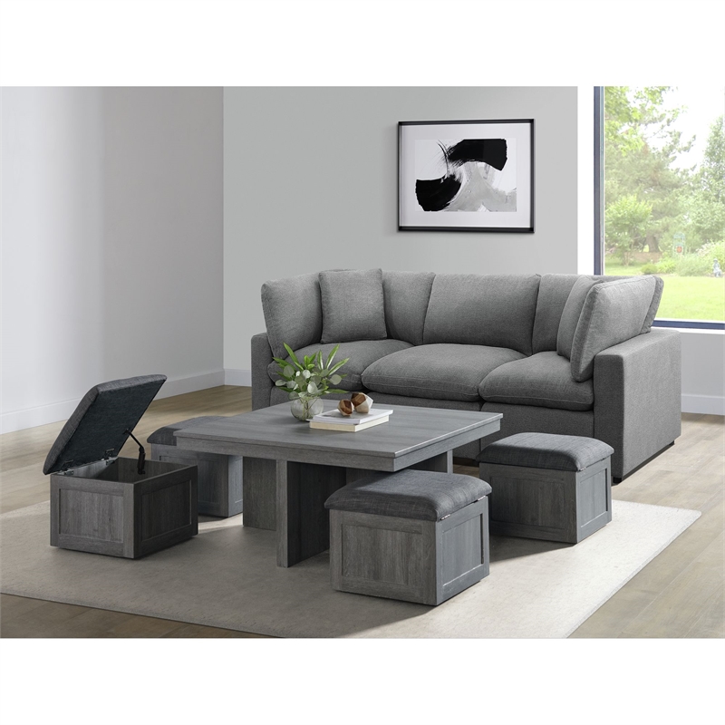 Picket House Furnishings Dawson Coffee Table with Four Storage Stools in Gray