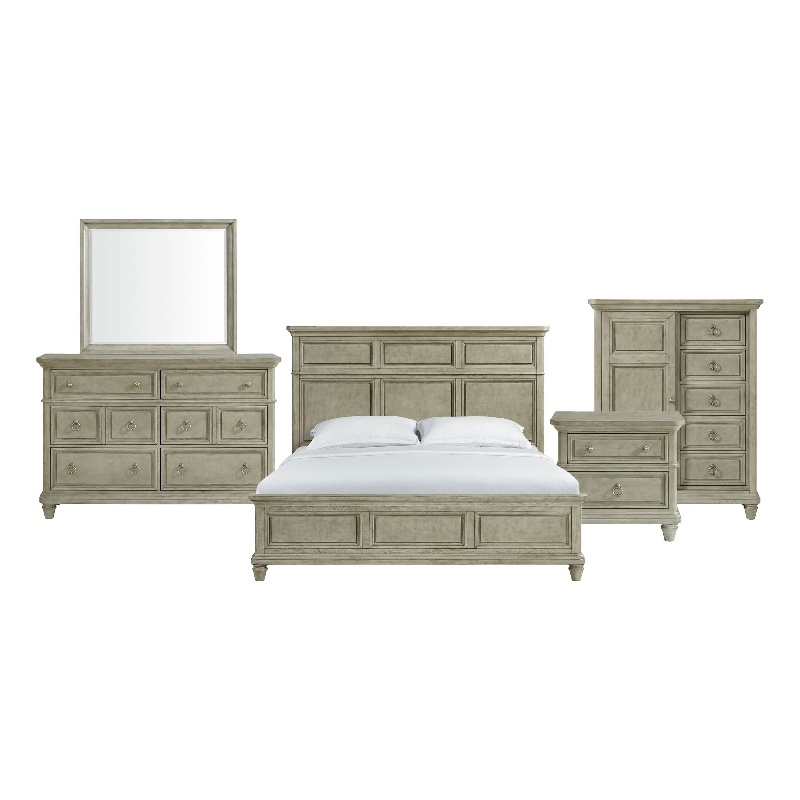Picket House Furnishings Emiko King Panel 5PC Bedroom Set with Door Chest - Gray