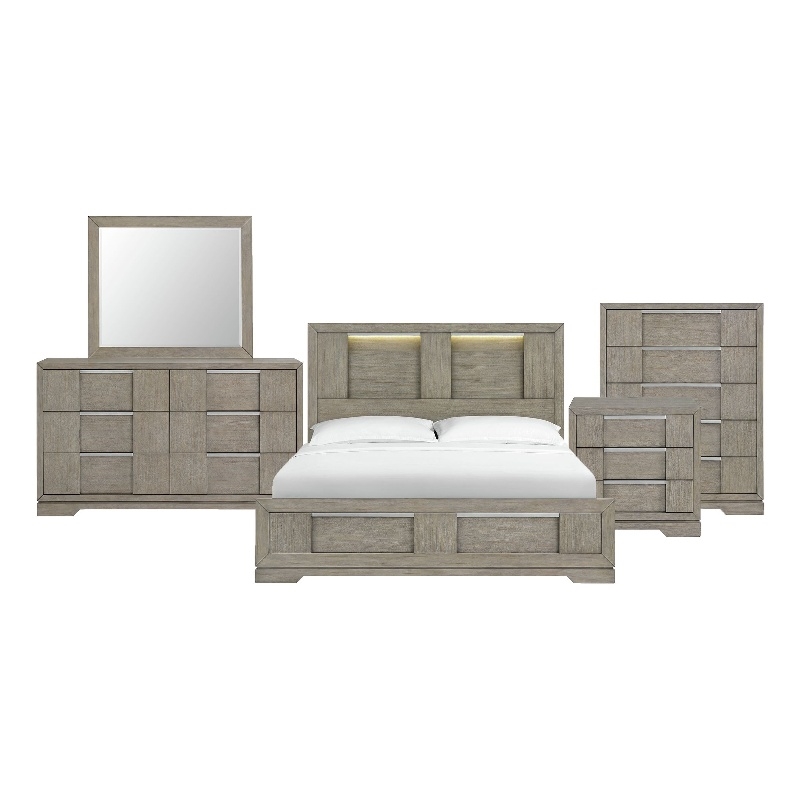 Picket House Furnishings Argo King Panel 5PC Bedroom Set with LED in Gray