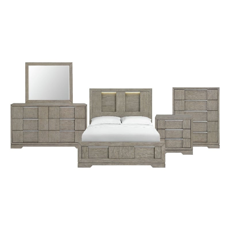 Picket House Furnishings Argo Queen Panel 5PC Bedroom Set with LED in Gray