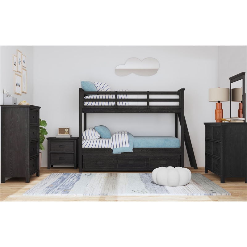Brooklyn Kids Twin Over Twin Bunk with Ladder&Trundle 5PCBedroom Set in Charcoal